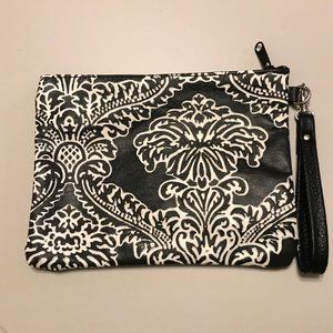 Black Leather Wristlet with Damask Floral Pattern